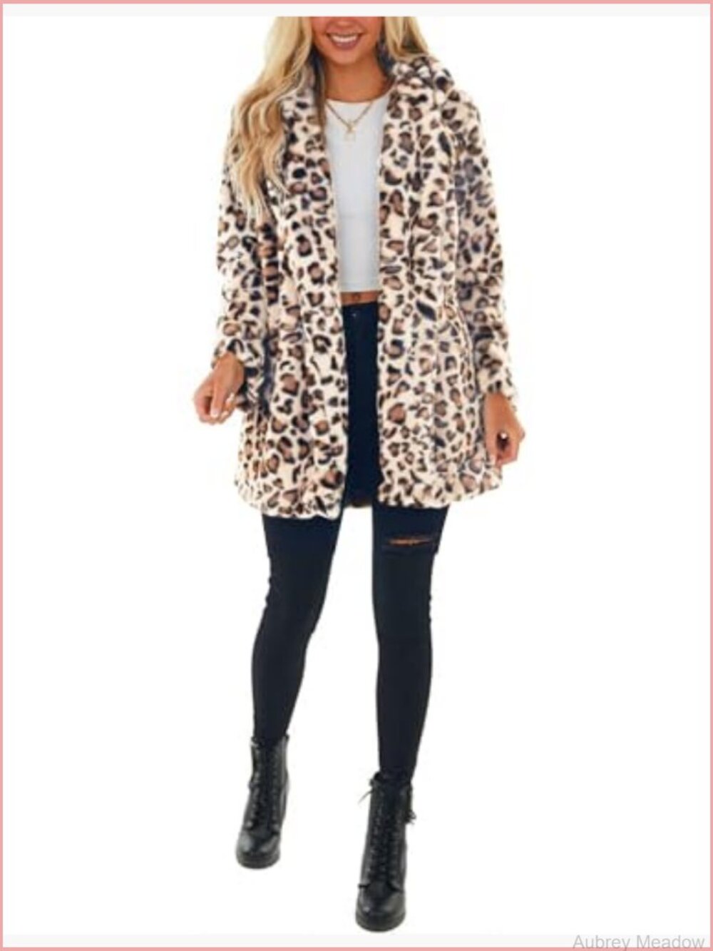 Faux Fur Jacket Leopard Coat Loose Open Front with Pockets - Picture 2 of 7
